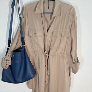 Zara Beige Shirt with Blue Bag